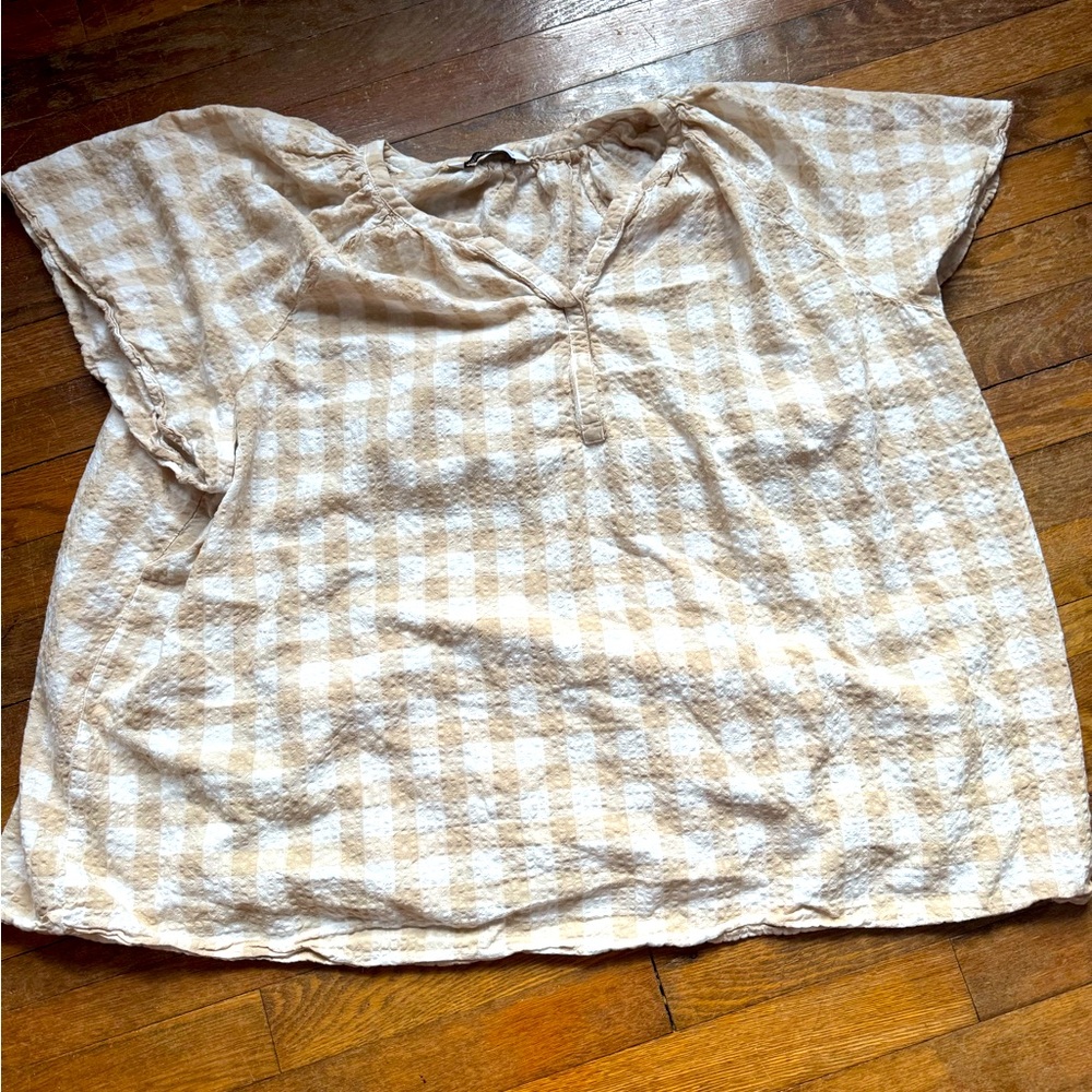 Sonoma Gingham Tan Beige White Blouse 0X